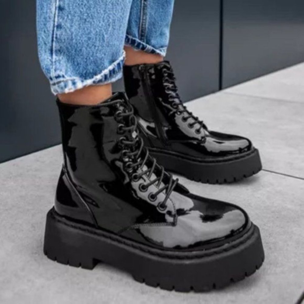 !! NEW !! Black Patent Vegan Leather Side Zip Combat Boots - Picture 9 of 9